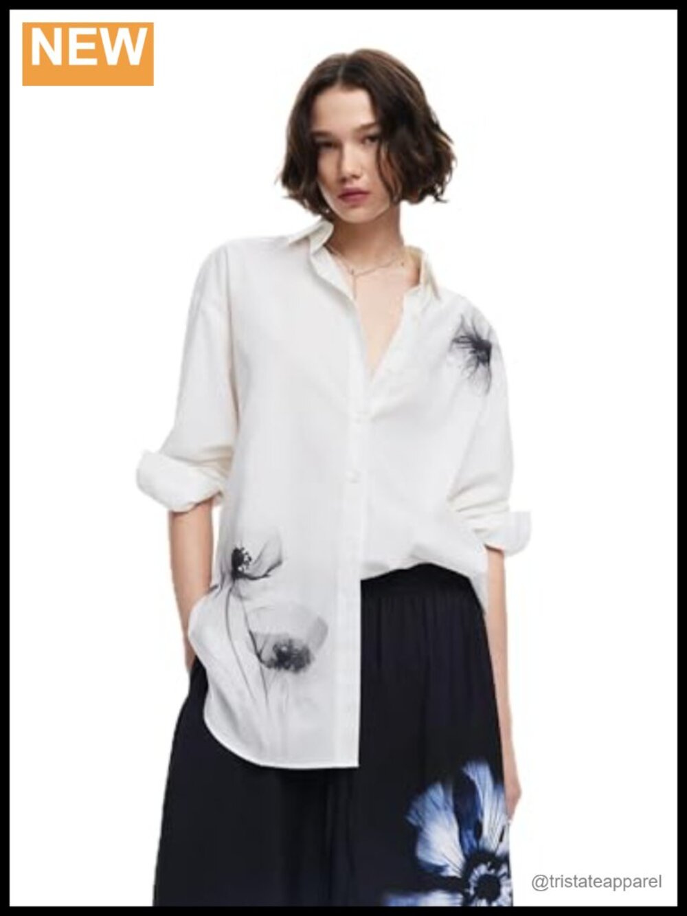 Long Sleeve Woven Shirt White Floral Cotton Button Down Blouse